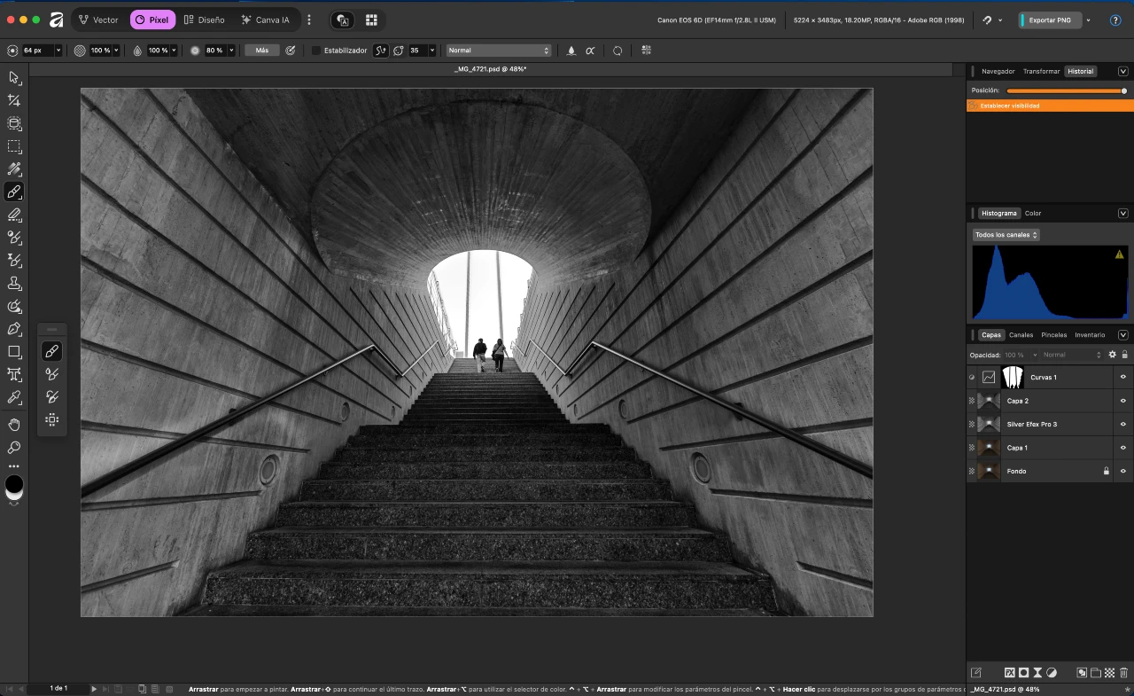Aprende Edición con Affinity Photo Imagen de como se usa el histograma en el programa Affinity Pro